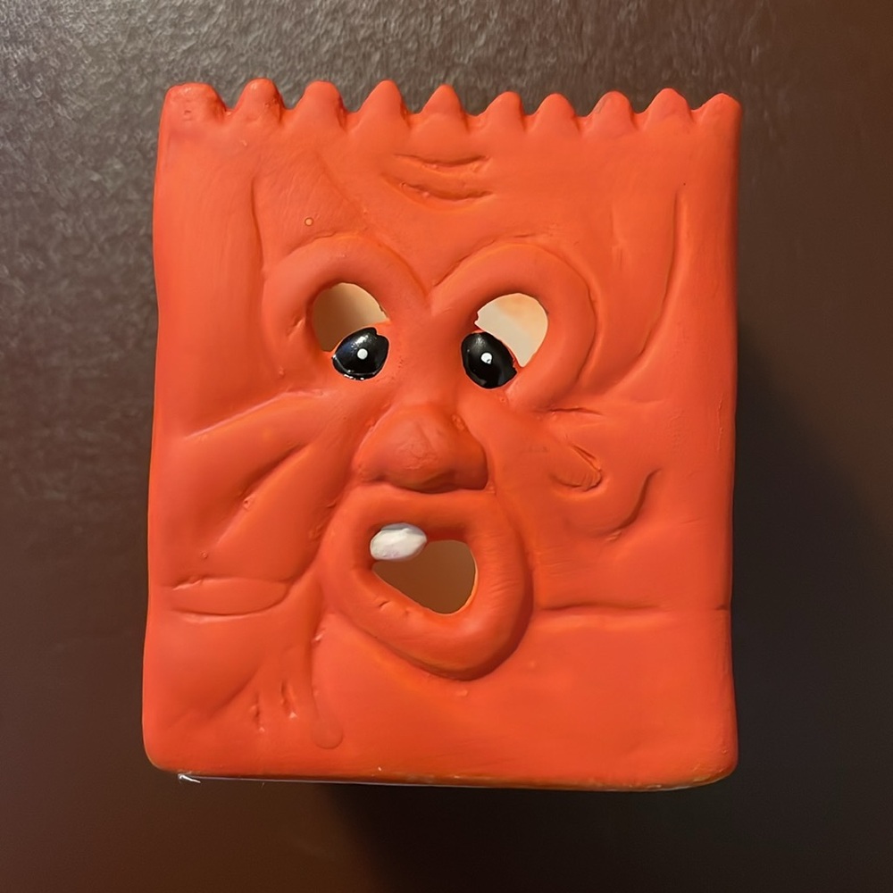 VTG Robert Alan Candle Co Orange Ceramic Pumpkin Face Lantern Bag Candle Votive